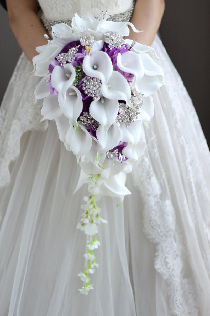 IFFO New Bridal Bouquet, Wedding Flowers, Calla Lilies, Artificial Flowers, Waterfalls, Water Drop Style, Collection Decorations (Purple) - Image 2